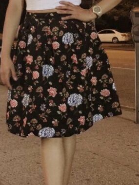 Forever 21 Black Floral Circle Skater Skirt with Pink & Light Blue Flowers
